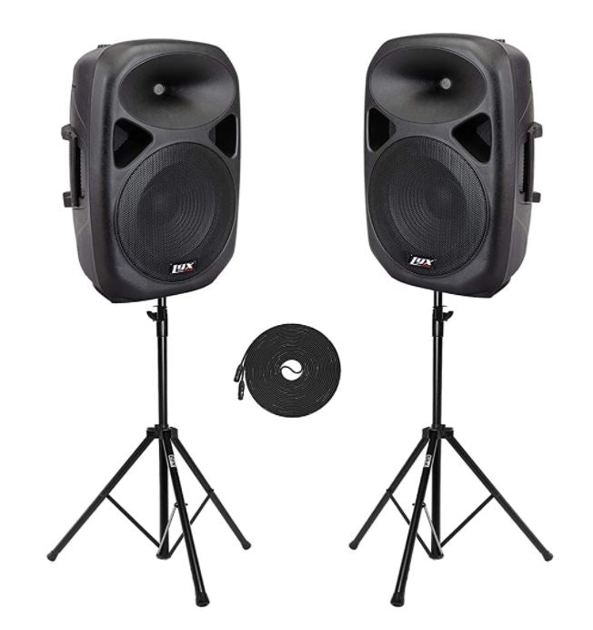 Dual PA Speakers with Stands and Microphone